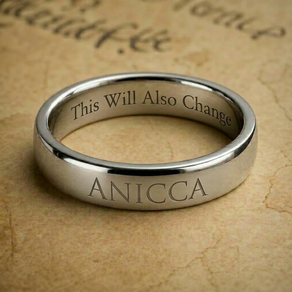 Stainless steel silver Anicca ring engraved with 'Anicca! This Will Also Change!'